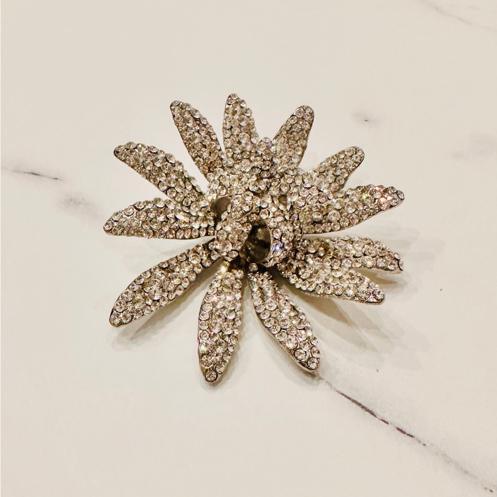 Elegant Silver Crystal Flower Brooch